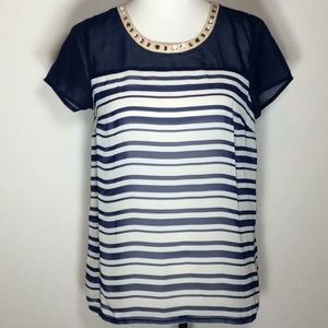 Striped Sheer Top w/Rhinestone Neckline